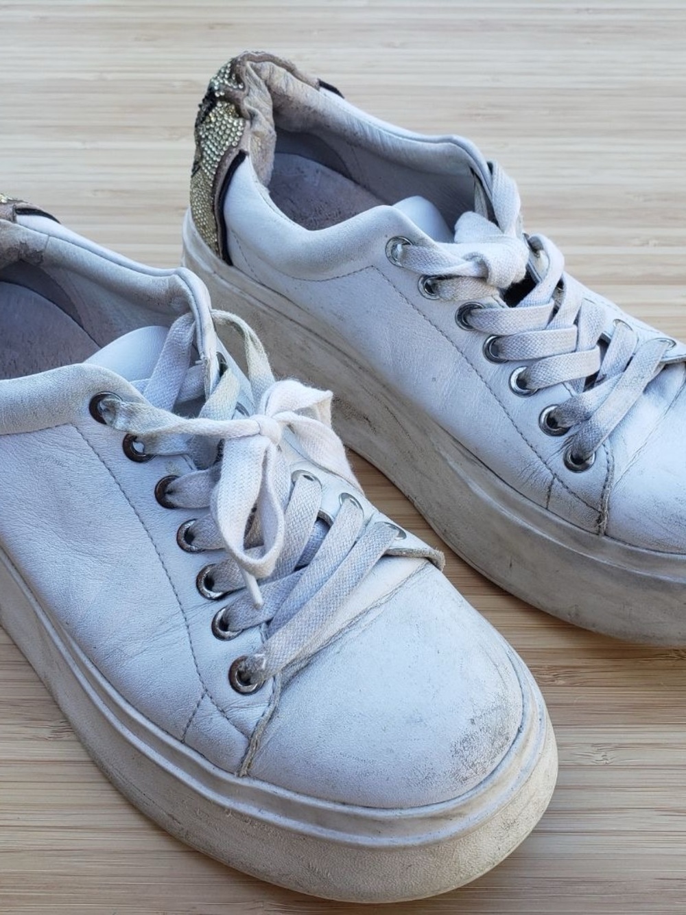 Women’s White Platform Lace-Up Sneakers with Rhinestone Heel Accent